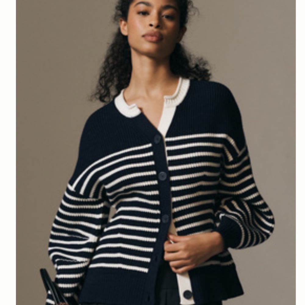 Anthropologie / Maeve Navy and White Striped Button-Front Cardigan